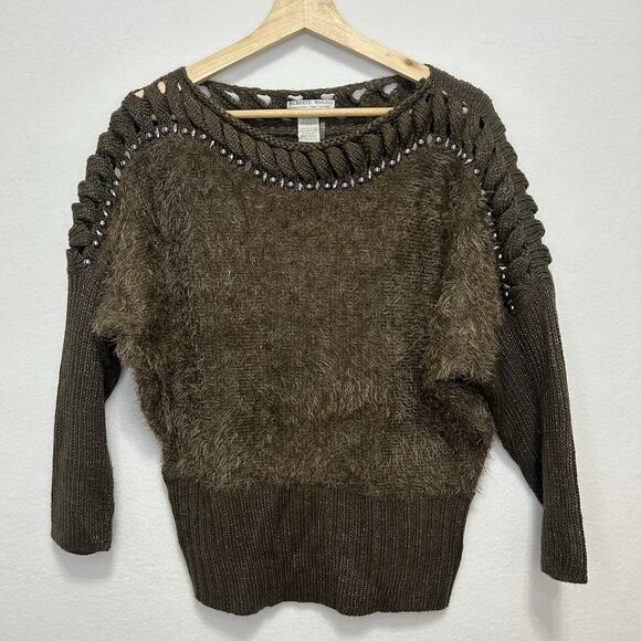 Alberto Makali Womens Large Fuzzy Sweater Brown Studded Fall Festive Cozy - Picture 1 of 8